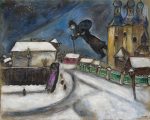 Chagall - Over Vicebsk - Pencil, India ink, gouache, watercolor, graphite, and crayon on cardboard