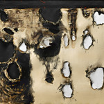Alberto Burri. Plastic Combustion, 1958. Plastic (PVC), acrylic, fabric, staples, and combustion on canvas, cm. 120 x 150. Private collection, courtesy Sperone Westwater, New York