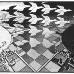 Escher. Day and night, 1938. Woodcut in black and gray, printed from two blocks, mm. 39.2 x 67.6