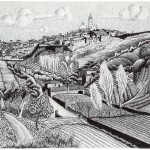Escher. Italian landscape, around Siena, 1923. Lithography