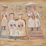 Donne con l’ombrellino, passeggiata, 1957, olio su tela, cm, 47×57