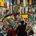 Renato Guttuso. NNeighbourhood Rally, 1975. Acrylic and collage on paper, 210 x 200 cm. Courtesy Art Gallery Maggiore, Bologna