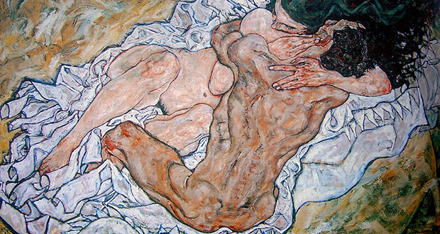 Egon Schiele. The Embrace, 1917, (detail). Oil on canvas, cm. 98 x 169. Austrian Galerie Belvedere, Wien