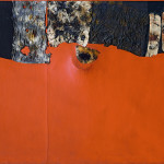 Alberto Burri. Red Hunchback, 1955. Acrylic, fabric, Vinavil, and combustion on black fabric; Vinavil can on verso, cm. 86 x 100. Courtesy Galleria Tega, Milan. Photo: Paolo Vandrasch and Romina Bettega