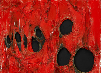 Alberto Burri. Red plastic, 1963. Acrylic and burned plastic on canvas, cm. 102 x 90. © Palazzo Albizzini Foundation, Burri Collection, Città di Castello, Italy