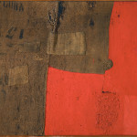 Alberto Burri. Sack H 8, ca. 1953. Burlap, synthetic polymer paint, thread, and Vinavil on black fabric, cm. 86 x 100. Courtesy Galleria Tega, Milan. Photo: Paolo Vandrasch and Romina Bettega