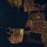 Alberto Burri. Sack and Gold, 1953. Burlap, thread, acrylic, gold leaf, and PVA on black fabric, cm. 102.9 x 89.4. Private collection, courtesy Galleria dello Scudo, Verona. © Palazzo Albizzini Foundation, Burri Collection, Città di Castello, Italy /2015 Artist Rights Society (ARS), New York/SIAE, Rome