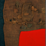 Alberto Burri. Sack and Red, ca. 1959. Burlap, thread, acrylic, and PVA on black fabric, cm. 150 x 130. Private collection, London. © Palazzo Albizzini Foundation , Burri Collection, Città di Castello, Italy /2015 Artist Rights Society (ARS), New York/SIAE, Rome. Photo: Lucy Dawkins, London