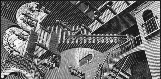 Escher. Relativity, 1953. Woodcut medium