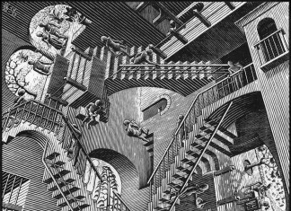 Escher. Relativity, 1953. Woodcut medium