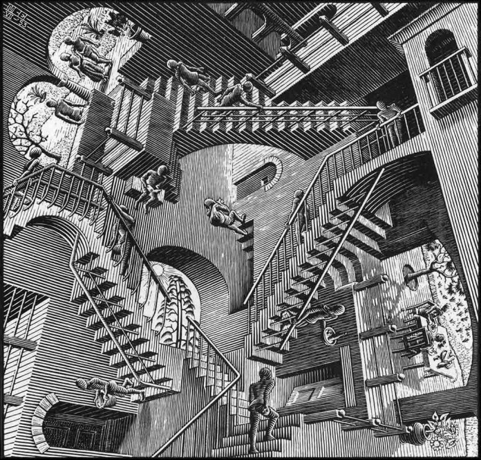 Escher. Relativity, 1953. Woodcut medium