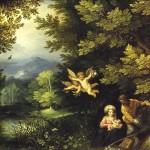 Jan Brueghel the Elder and Hans Rottenhammer. The Rest on the Flight to Egypt, 1595. Painting on copper, cm. 25 × 19. Museum of Art history, Wien