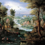 Jan Brueghel the Elder. River Landscape with bathers, 1595 - 1600. Oil on copper, cm. 17 x 22. Private collection, Switzerland