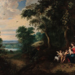 Jan Brueghel the Younger. Wooded Landscape with the Virgin and Child, Saint John the Baptist and the Angel, 1645 - 1650 circa. Oil on canvas, cm. 115,5 × 167,5. Private collection, Genève