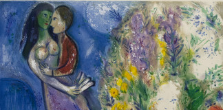 Marc Chagall. Loving couple and flowers, 1949. Lithograph in colors, (detail)