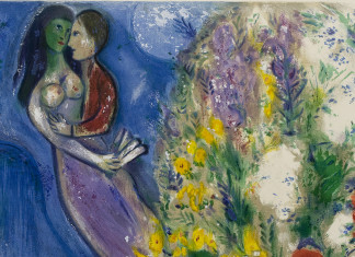 Marc Chagall. Loving couple and flowers, 1949. Lithograph in colors, (detail)