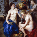 Peter Paul Rubens and Frans Snyders. Three nymphs filling a Cornucopia, 1617 circa . Oil on panel, cm. 223 × 162. Prado Museum, Madrid